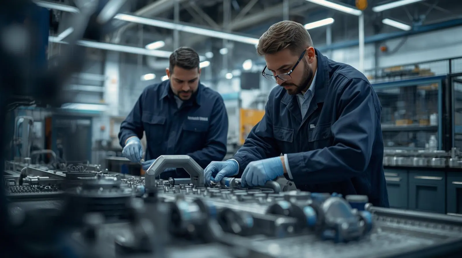 operarios ensamblando piezas industriales